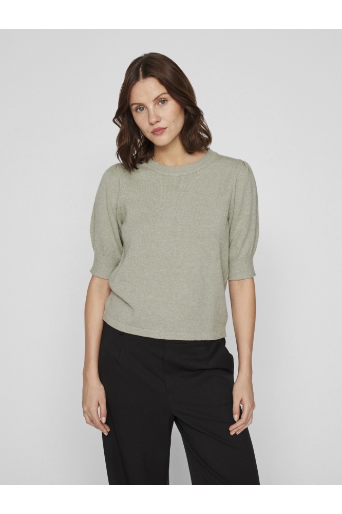 VIRIL 2/4 SLEEVE O-NECK KNIT TOP - 14105306 OIL GREEN/MELANGE